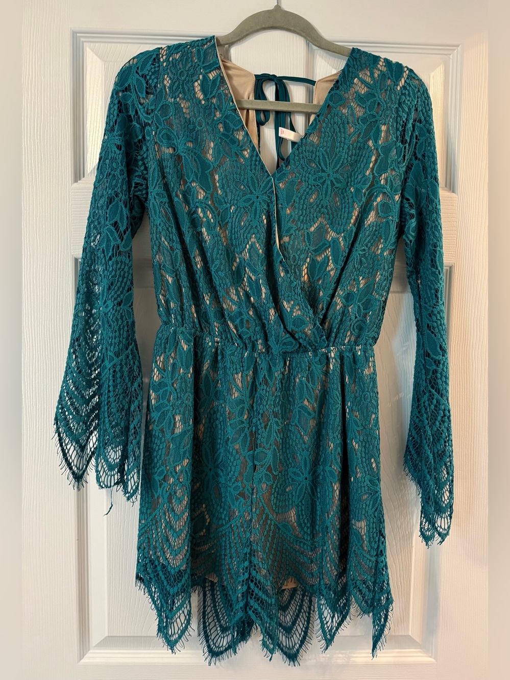 Xhilaration Teal Lace Long-Sleeve V-Neck Romper